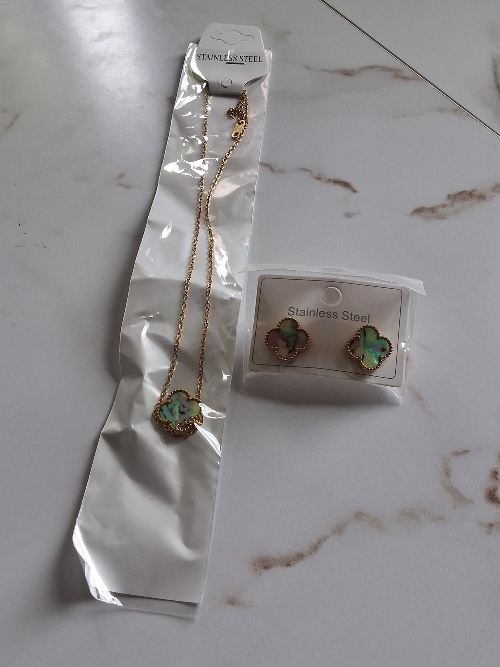Gold Clover Necklace and Stud Earrings - Green Inlay